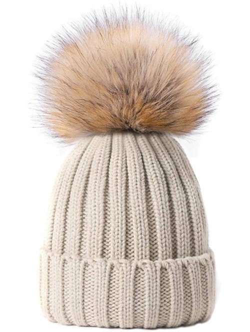 Skullies & Beanies Knitted Warm Winter Slouchy Beanie Hats with Faux Fur Pom Pom Hat Chunky Slouchy Ski Cap - Beige - CO18I8M...