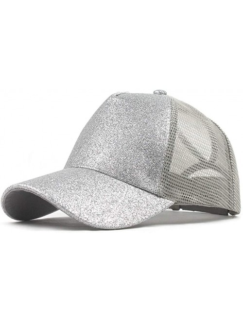 Baseball Caps Baseball Cap for Women- Sequins Outdoor Trucker Hat Ponytail Holder Visor Snapback - Silver B - CL18SXLEO5T $14.99