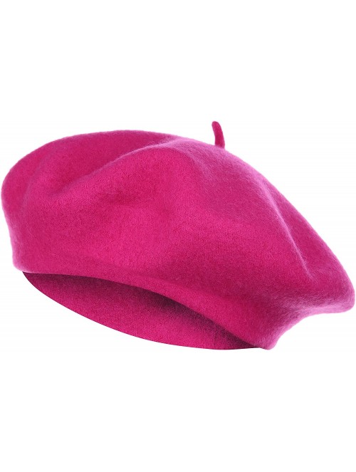 Berets French Style Classic Solid Color Wool Berets Beanies Cap Hats - Hot Pink - CW1945LD96T $13.26