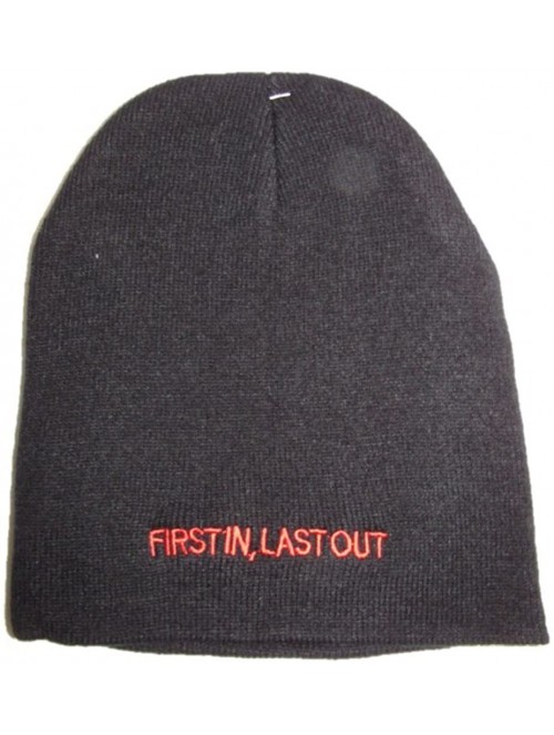 Skullies & Beanies 8" Black Fire Fighter Dept. First in Last Out Embroidered Beanie Skull Cap Hat - CD12NYJ6H6V $9.88