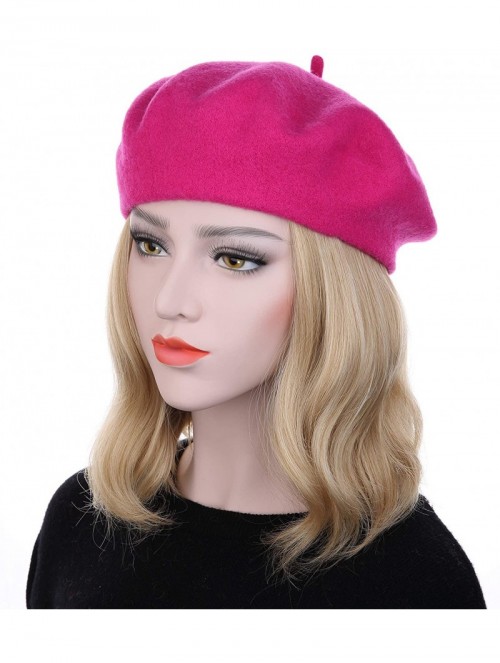 Berets French Style Classic Solid Color Wool Berets Beanies Cap Hats - Hot Pink - CW1945LD96T $13.26