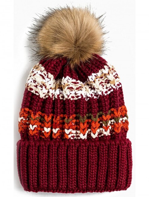 Skullies & Beanies Women Winter Soft Knitted Beanie Hat Fur Pom Beanie Fleece Lined Extra Thick - 2 Pack- Red & Cream - CG189...