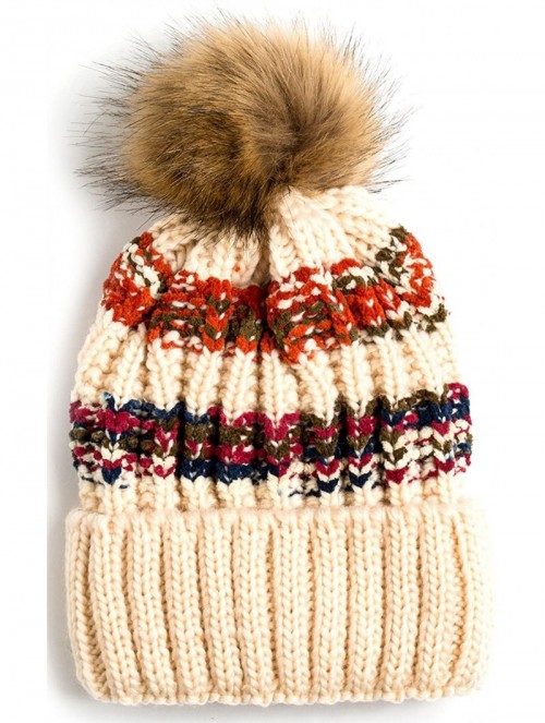 Skullies & Beanies Women Winter Soft Knitted Beanie Hat Fur Pom Beanie Fleece Lined Extra Thick - 2 Pack- Red & Cream - CG189...