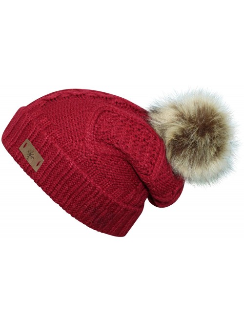 Skullies & Beanies Fleece Lined Cable Knit Beanie Cap Hat with Pom Pom - Red - CJ12O65ED3Z $17.55