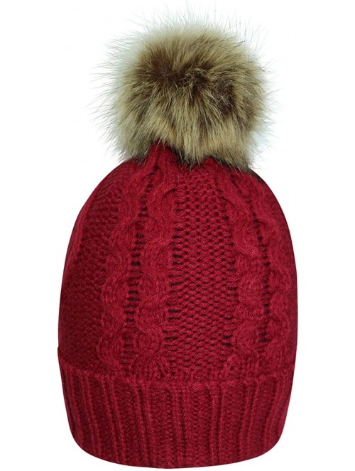 Skullies & Beanies Fleece Lined Cable Knit Beanie Cap Hat with Pom Pom - Red - CJ12O65ED3Z $17.55