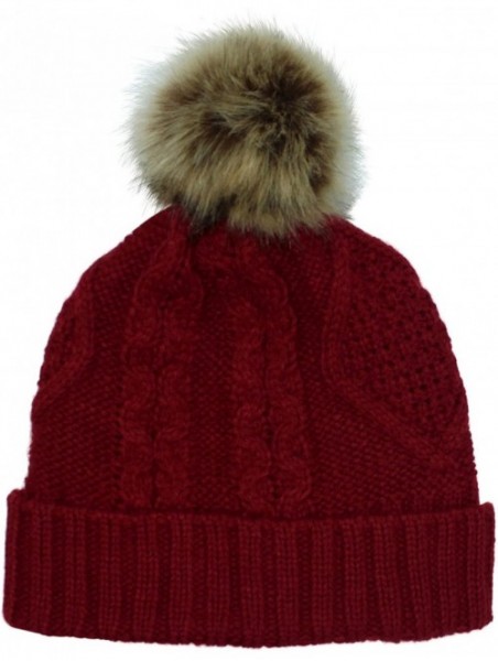 Skullies & Beanies Fleece Lined Cable Knit Beanie Cap Hat with Pom Pom - Red - CJ12O65ED3Z $17.55