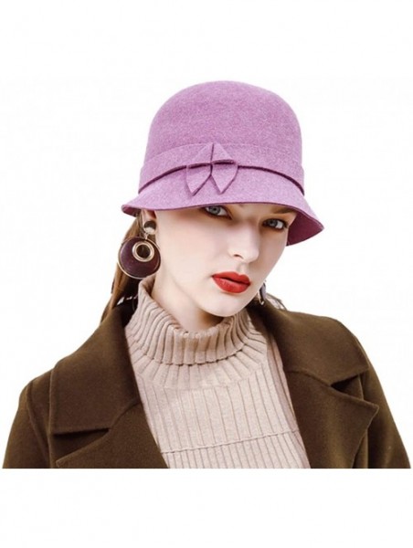 Bucket Hats 100% Wool Felt Cloche Bucket Bowler Hat Wedding Hats Winter Women Church Hats - Purple9 - CI18MCM9GYY $41.64