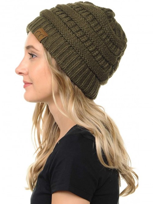 Skullies & Beanies Soft Cable Knit Warm Fuzzy Lined Slouchy Beanie Winter Hat - Olive - CE18Y6I8NK7 $13.19