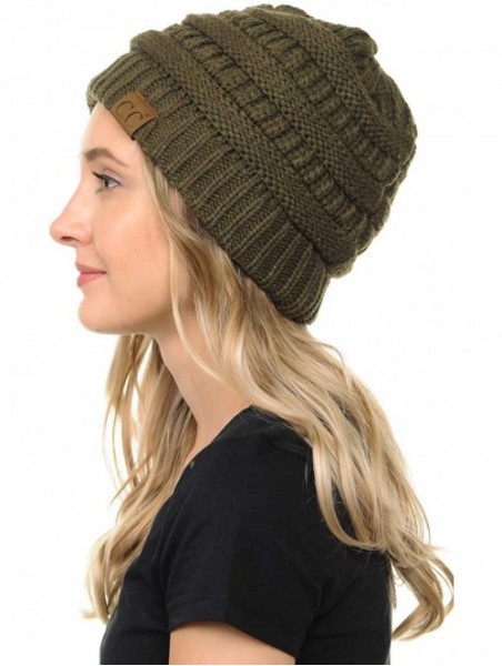 Skullies & Beanies Soft Cable Knit Warm Fuzzy Lined Slouchy Beanie Winter Hat - Olive - CE18Y6I8NK7 $13.19