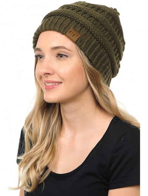 Skullies & Beanies Soft Cable Knit Warm Fuzzy Lined Slouchy Beanie Winter Hat - Olive - CE18Y6I8NK7 $13.19