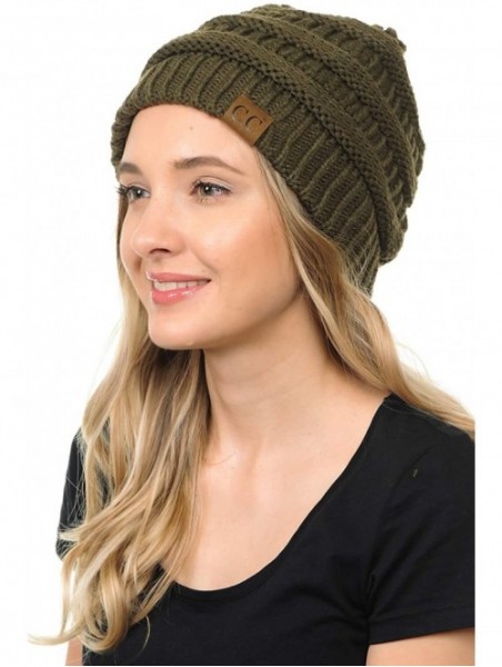 Skullies & Beanies Soft Cable Knit Warm Fuzzy Lined Slouchy Beanie Winter Hat - Olive - CE18Y6I8NK7 $13.19