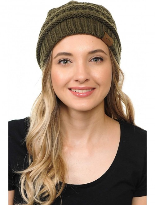 Skullies & Beanies Soft Cable Knit Warm Fuzzy Lined Slouchy Beanie Winter Hat - Olive - CE18Y6I8NK7 $13.19