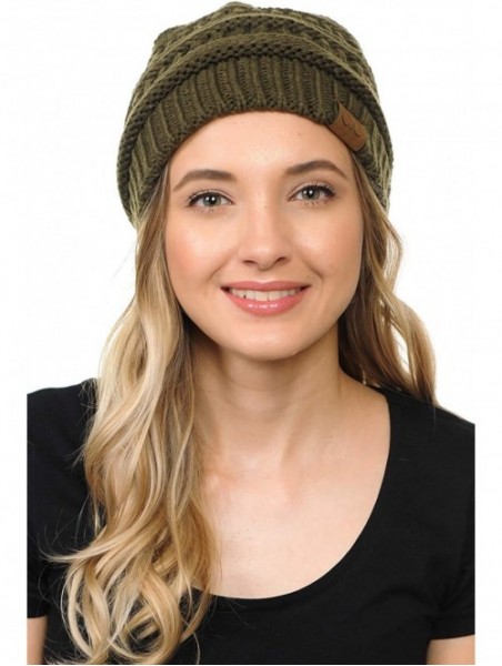 Skullies & Beanies Soft Cable Knit Warm Fuzzy Lined Slouchy Beanie Winter Hat - Olive - CE18Y6I8NK7 $13.19