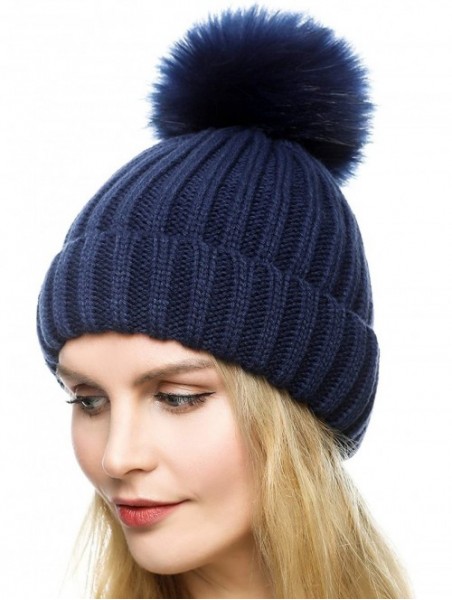 Skullies & Beanies Womens Girls Winter Fur Hat Large Faux Fur Pom Pom Slouchy Beanie Hats - Navy(navy Pompom) - CF18H7R3LT8 $...