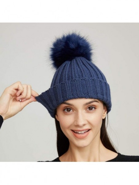 Skullies & Beanies Womens Girls Winter Fur Hat Large Faux Fur Pom Pom Slouchy Beanie Hats - Navy(navy Pompom) - CF18H7R3LT8 $...