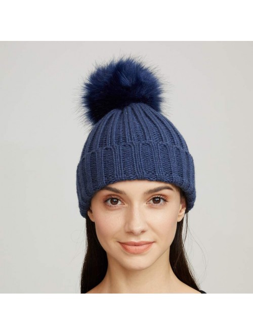 Skullies & Beanies Womens Girls Winter Fur Hat Large Faux Fur Pom Pom Slouchy Beanie Hats - Navy(navy Pompom) - CF18H7R3LT8 $...