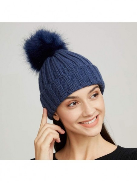 Skullies & Beanies Womens Girls Winter Fur Hat Large Faux Fur Pom Pom Slouchy Beanie Hats - Navy(navy Pompom) - CF18H7R3LT8 $...