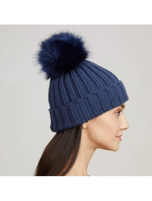 Skullies & Beanies Womens Girls Winter Fur Hat Large Faux Fur Pom Pom Slouchy Beanie Hats - Navy(navy Pompom) - CF18H7R3LT8 $...