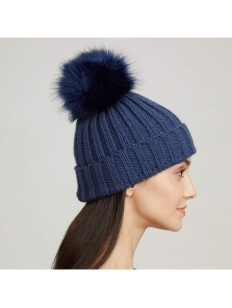 Skullies & Beanies Womens Girls Winter Fur Hat Large Faux Fur Pom Pom Slouchy Beanie Hats - Navy(navy Pompom) - CF18H7R3LT8 $...