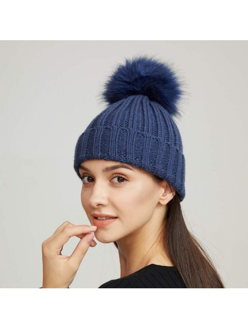 Skullies & Beanies Womens Girls Winter Fur Hat Large Faux Fur Pom Pom Slouchy Beanie Hats - Navy(navy Pompom) - CF18H7R3LT8 $...