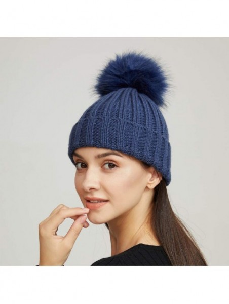 Skullies & Beanies Womens Girls Winter Fur Hat Large Faux Fur Pom Pom Slouchy Beanie Hats - Navy(navy Pompom) - CF18H7R3LT8 $...