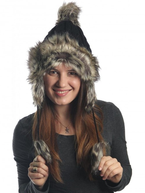 Skullies & Beanies Earflap Furry Cable Knit Trooper Trapper PomPom Ski Snow Hat - Black - CH11QPCSP1P $16.27
