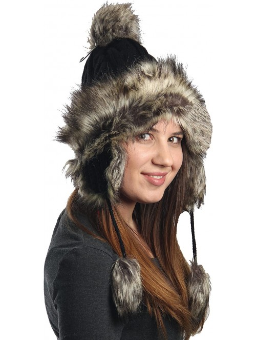 Skullies & Beanies Earflap Furry Cable Knit Trooper Trapper PomPom Ski Snow Hat - Black - CH11QPCSP1P $16.27