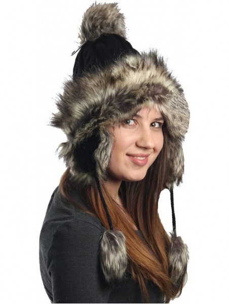 Skullies & Beanies Earflap Furry Cable Knit Trooper Trapper PomPom Ski Snow Hat - Black - CH11QPCSP1P $16.27