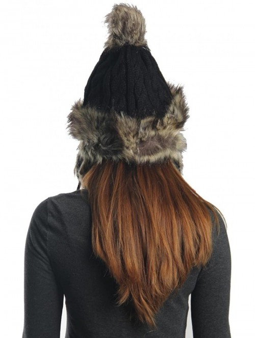 Skullies & Beanies Earflap Furry Cable Knit Trooper Trapper PomPom Ski Snow Hat - Black - CH11QPCSP1P $16.27