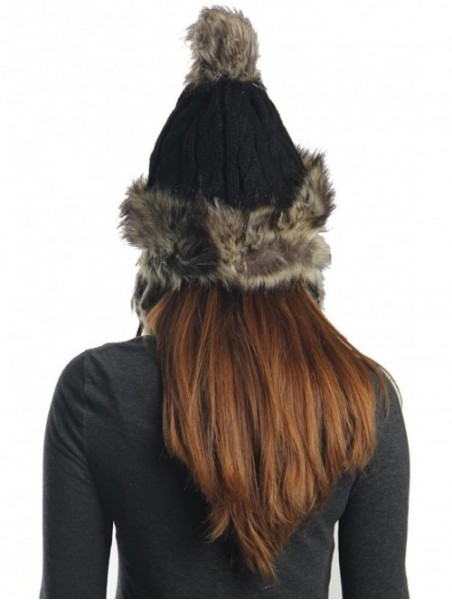 Skullies & Beanies Earflap Furry Cable Knit Trooper Trapper PomPom Ski Snow Hat - Black - CH11QPCSP1P $16.27