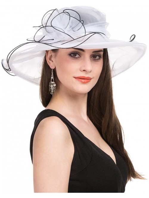 Sun Hats Women Kentucky Derby Church Beach Fascinators Hat Wide Floral Brim Flat Hat with Bowknot - White With Black Edge - C...