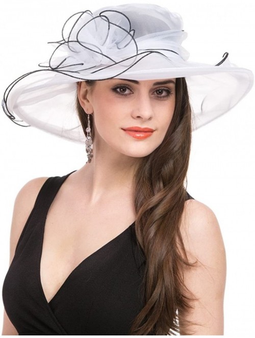 Sun Hats Women Kentucky Derby Church Beach Fascinators Hat Wide Floral Brim Flat Hat with Bowknot - White With Black Edge - C...