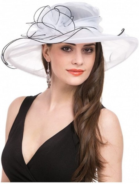 Sun Hats Women Kentucky Derby Church Beach Fascinators Hat Wide Floral Brim Flat Hat with Bowknot - White With Black Edge - C...