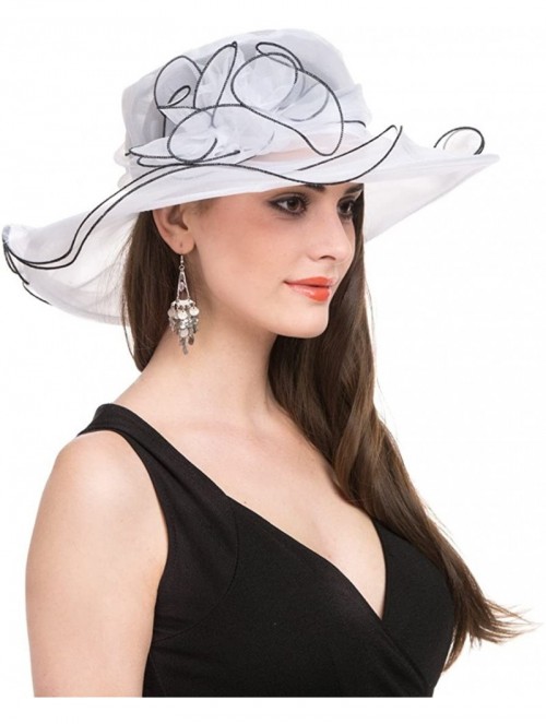 Sun Hats Women Kentucky Derby Church Beach Fascinators Hat Wide Floral Brim Flat Hat with Bowknot - White With Black Edge - C...