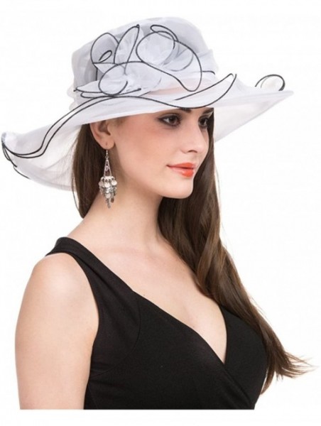 Sun Hats Women Kentucky Derby Church Beach Fascinators Hat Wide Floral Brim Flat Hat with Bowknot - White With Black Edge - C...