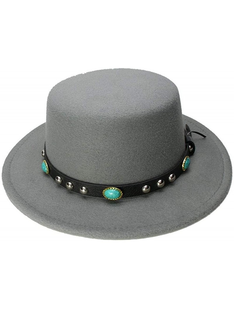 Fedoras Pork Pie Vintage Wool Wide Brim Top Cap Pork Pie Pork-Pie Bowler Hat Skull Bead Leather Band for Women Men - Gray - C...