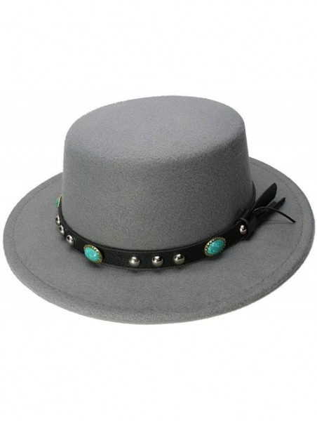 Fedoras Pork Pie Vintage Wool Wide Brim Top Cap Pork Pie Pork-Pie Bowler Hat Skull Bead Leather Band for Women Men - Gray - C...