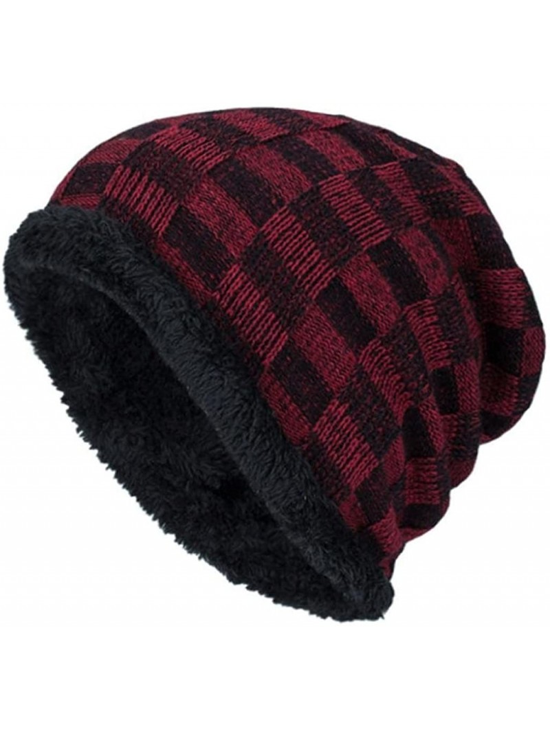 Skullies & Beanies Men Fashion Winter Plaid Knit Beanie Hats Wool Knit Warm Hat Ski Caps - Red - CE188NUUR9E $11.78