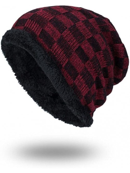 Skullies & Beanies Men Fashion Winter Plaid Knit Beanie Hats Wool Knit Warm Hat Ski Caps - Red - CE188NUUR9E $11.78