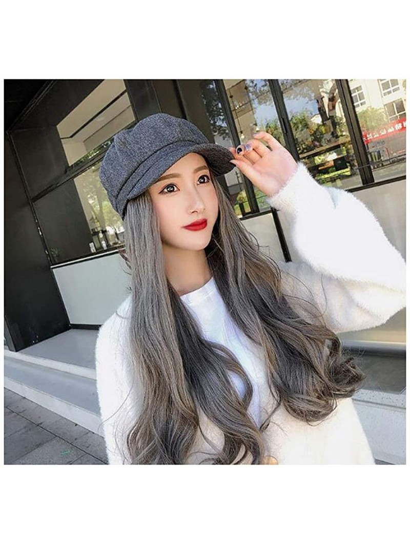 Newsboy Caps Women Newsboy Cabbie Beret Cap Visor Hat with Hair Attached Long Wavy Wig - Dark Gray - CE18ZZCXM45 $18.72