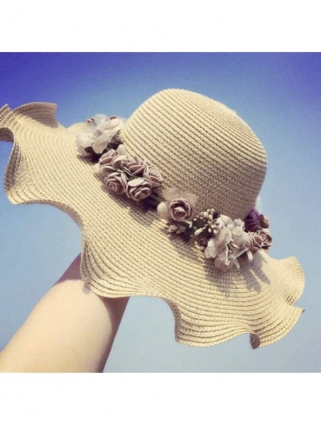 Sun Hats Women Bowknot Straw Hat Stripe Floppy Foldable Roll up Beach Cap Sun Hat Outdoor UV +50 - 04 Beige - CV18U8OSWHC $21.37