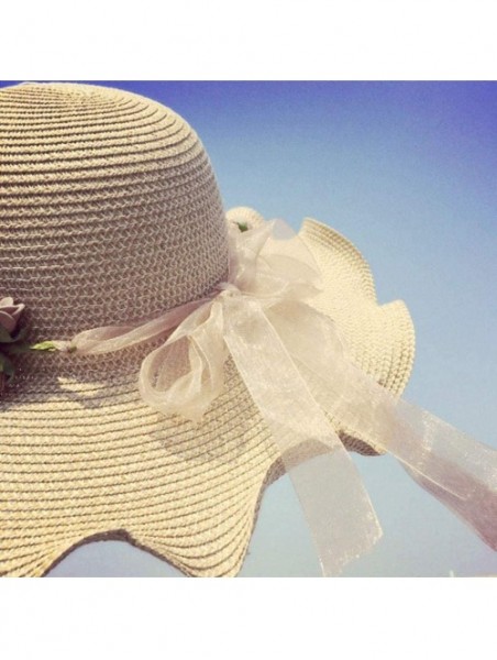 Sun Hats Women Bowknot Straw Hat Stripe Floppy Foldable Roll up Beach Cap Sun Hat Outdoor UV +50 - 04 Beige - CV18U8OSWHC $21.37