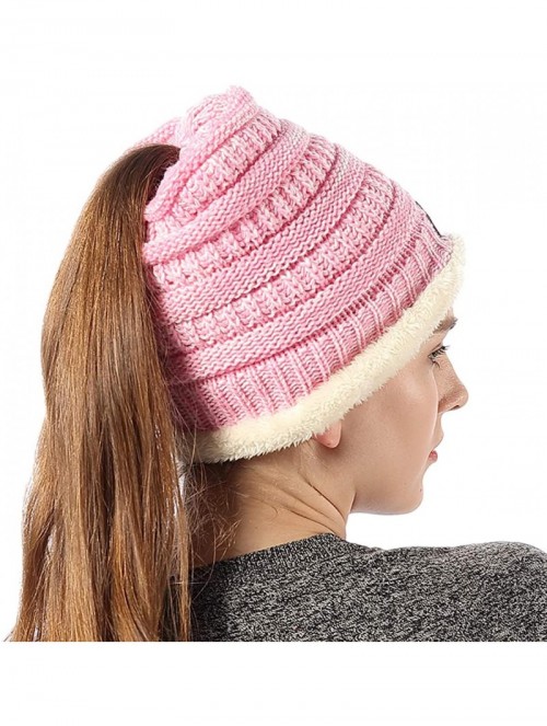 Skullies & Beanies Womens Ponytail Beanie Hats Warm Fuzzy Lined Soft Stretch Cable Knit Messy High Bun Cap - Pink - CH18IOY06...