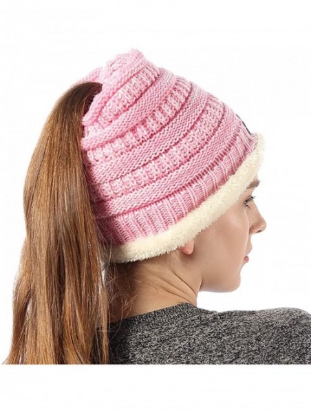 Skullies & Beanies Womens Ponytail Beanie Hats Warm Fuzzy Lined Soft Stretch Cable Knit Messy High Bun Cap - Pink - CH18IOY06...