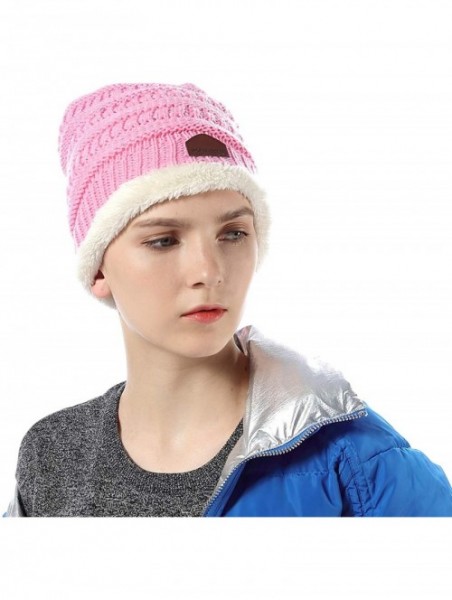 Skullies & Beanies Womens Ponytail Beanie Hats Warm Fuzzy Lined Soft Stretch Cable Knit Messy High Bun Cap - Pink - CH18IOY06...