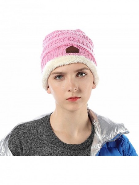 Skullies & Beanies Womens Ponytail Beanie Hats Warm Fuzzy Lined Soft Stretch Cable Knit Messy High Bun Cap - Pink - CH18IOY06...