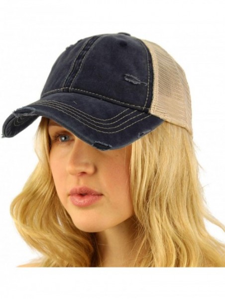 Baseball Caps Everyday Distressed Trucker Mesh Summer Vented Baseball Sun Cap Hat - Navy - CU18RQWH3RW $16.67