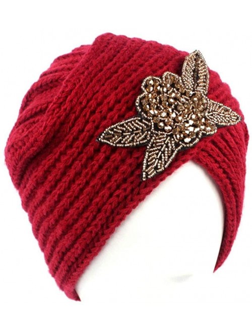 Skullies & Beanies Womens Hat Winter- Women's Turban Hat with Crystal Vintage Head Wrap Knit Pleated Turban - Red - CJ188YUWT...