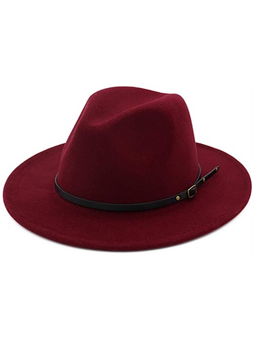 Fedoras Women's Woolen Wide Brim Fedora Hat Classic Jazz Cap with Belt Buckle - Wine Red - C918H850NZ8 $18.93