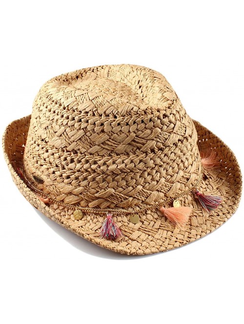 Fedoras UPF50+ Adjustable Multicolor Woven Pattern Short Brim Fedora Hat - Natural W/ Tassels - CO18OA6NO4Q $20.32